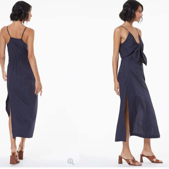 YOUNG FABULOUS AND BROKE ZOYA COTTON NAVY FRONT BOW DOUBLE SLIT MAXI DRESS - M - Picture 1 of 9
